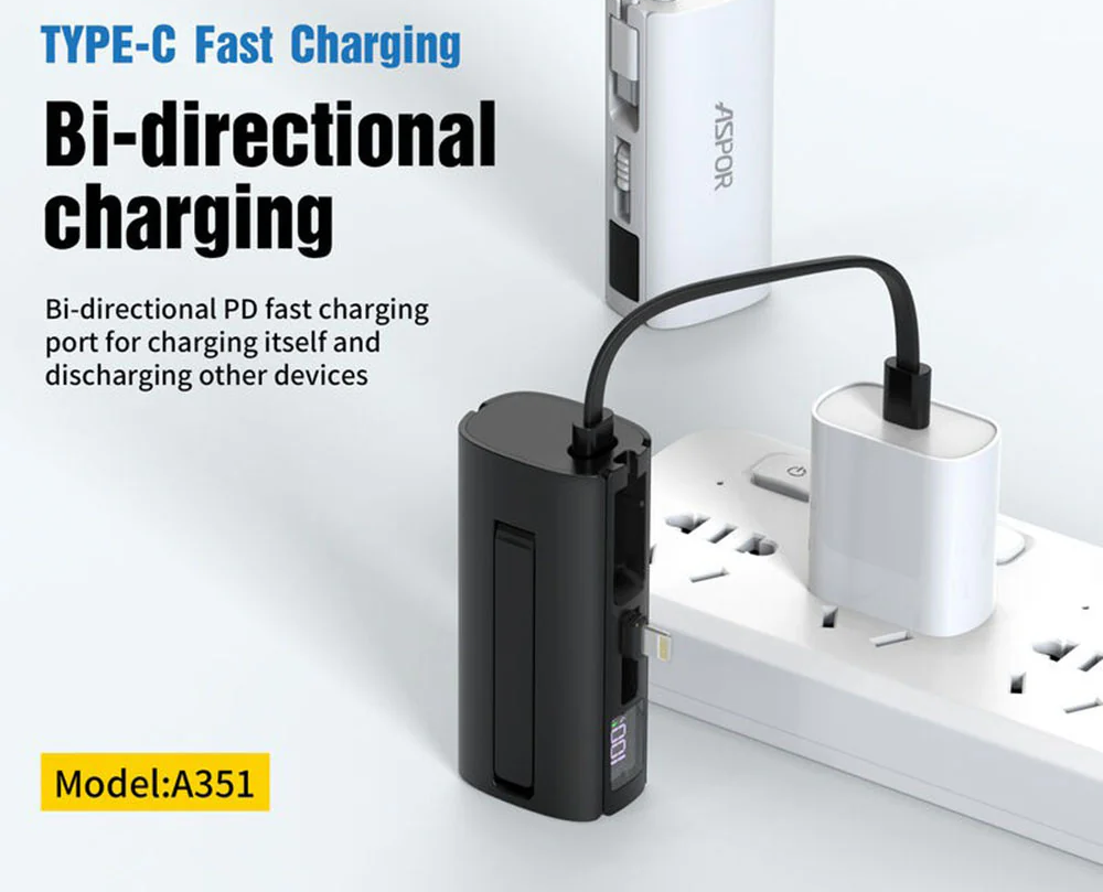 Aspor A351 2in1 Iphone & Type-C Flexible Portable Mini 5000mah Power Bank