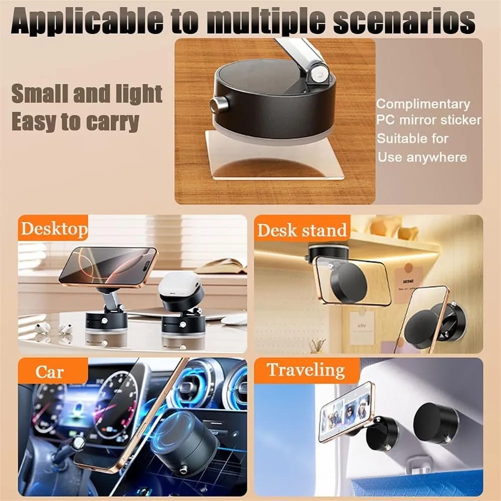 Double-Sided Vacuum Magnetic Phone Holder ? Adjustable Foldable Rotating Suction Mount (Black)