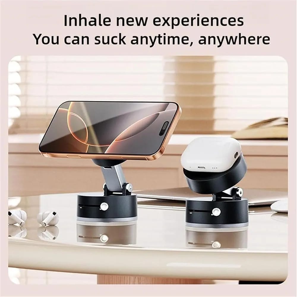 Double-Sided Vacuum Magnetic Phone Holder ? Adjustable Foldable Rotating Suction Mount (Black)