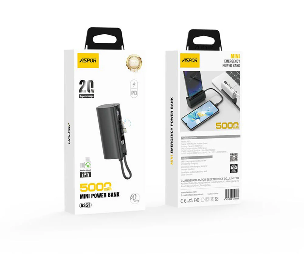 Aspor A351 2in1 Iphone & Type-C Flexible Portable Mini 5000mah Power Bank