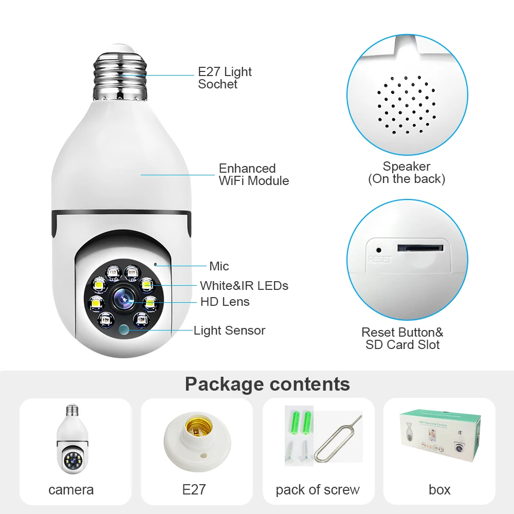 Speed-X Bulb Camera 1080p Wifi 360 Degree Panoramic Night Vision Two-Way Audio Motion Detection
