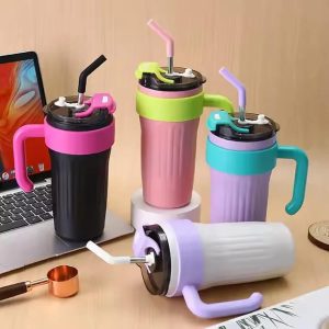 40oz Thermos Travel Mug with Handle, Leakproof Lid & Stainless Steel Straw ? Double Wall Insulated Hot & Cold Tumbler – Random Color