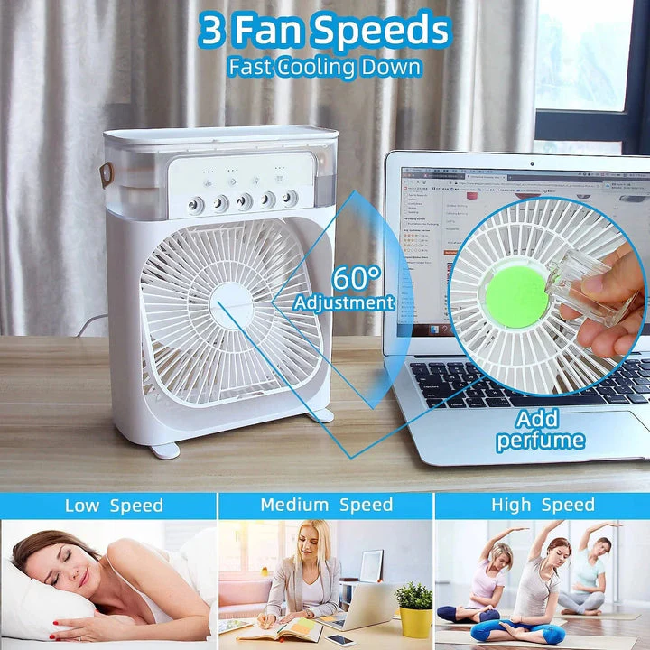Portable Air Conditioner Fan Large Size USB Electric Fan with LED Night Light, Fine Mist Water, and Humidifier Function | Led Night Light Water Mist (Random Color)