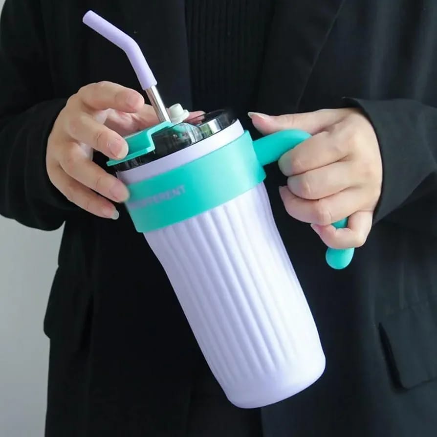 40oz Thermos Travel Mug with Handle, Leakproof Lid & Stainless Steel Straw ? Double Wall Insulated Hot & Cold Tumbler - Random Color