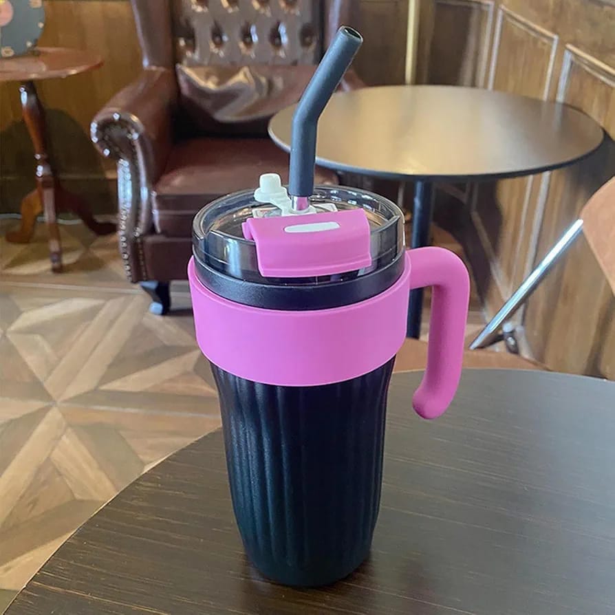 40oz Thermos Travel Mug with Handle, Leakproof Lid & Stainless Steel Straw ? Double Wall Insulated Hot & Cold Tumbler - Random Color